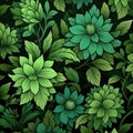 Seamless tileable pattern with flowers and green