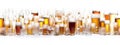 Seamless Tileable Rows of Glasses and Mugs of Beer on a White Background - Generative AI. Seamlessly expandable on both ends to