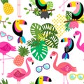 Seamless, Tileable Tropical Vector Pattern with Flamingos, Toucans, Cacti and Tropical Leaves Royalty Free Stock Photo