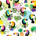 Seamless, Tileable Tropical Vector Pattern with Flamingos, Toucans, Cacti and Tropical Leaves