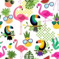 Seamless, Tileable Tropical Vector Pattern with Flamingos, Toucans, Cacti and Tropical Leaves Royalty Free Stock Photo