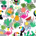 Seamless, Tileable Tropical Vector Pattern with Flamingos, Toucans, Cacti and Tropical Leaves Royalty Free Stock Photo