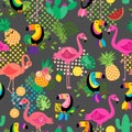 Seamless, Tileable Tropical Vector Pattern with Flamingos, Toucans, Cacti and Tropical Leaves Royalty Free Stock Photo