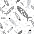 Seamless tiling vector pattern background with abstract fish with radial dots and bubbles Royalty Free Stock Photo