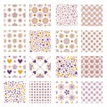 Seamless tiling vector texture or pattern collection with lilac and orange abstract flowers, hearts and ornaments isolated over Royalty Free Stock Photo