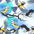 Seamless tomtit and watercolor blots Royalty Free Stock Photo