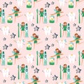 Seamless tooth fairy character pattern and tooth with crown