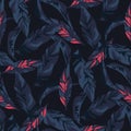 seamless topical leaves pattern on navy background Royalty Free Stock Photo