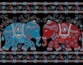 Seamless traditional Asian elephant border on black background