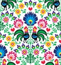Seamless traditional floral Polish pattern with roosters - Wzory ÃÂowickie Royalty Free Stock Photo