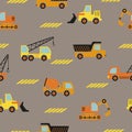 Seamless transport pattern with construction trucks for kids.