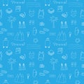 Seamless travel pattern, things for travel, vector illustration, hand drawing, blue