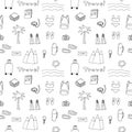Seamless travel pattern, things for travel, vector illustration, hand drawing