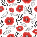 Seamless trendy floral pattern with hand drawn poppies
