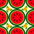 Seamless trendy fruit pattern of watermelon slices, leaves and yellow flowers on a white background. Royalty Free Stock Photo