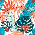 Seamless trendy pattern with blue red exotic palm leaves on a white background. Vector botanical illustration, design