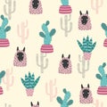 Seamless trendy pattern with cute llama and cactus