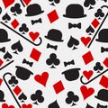 Seamless trendy pattern of figures of red and black symbols of the card suit-clubs, tambourines, spades, hearts and a bowler hat,