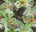 Seamless trendy pattern with raven , flowers, feathers, feathers.