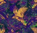 Seamless trendy pattern with raven , flowers, feathers, feathers.