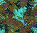 Seamless trendy pattern with raven , flowers, feathers, feathers.