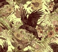 Seamless trendy pattern with raven , flowers, feathers, feathers.