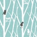 Seamless trendy pattern with trees fnd cats. Floral vintage wallpaper. Fanny vector illustration
