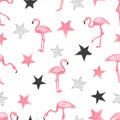 Seamless trendy pattern with watercolor flamingo and stars.