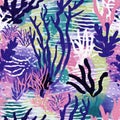 Tropical modern coastal pattern clash fabric coral reef print for summer beach textile designs with a linen cotton