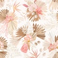 Seamless tropic floral pattern, pastel dry palm leaves, watercolor boho tropical flower, orchid, protea Royalty Free Stock Photo