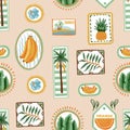 Seamless tropic fruits vector pattern with summer labels, palm trees and decorative frames Royalty Free Stock Photo