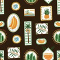 Seamless tropic fruits vector pattern with summer labels, palm trees and decorative frames Royalty Free Stock Photo