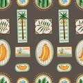 Seamless tropic fruits vector pattern with summer labels, palm trees and decorative frames Royalty Free Stock Photo