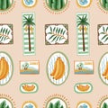 Seamless tropic fruits vector pattern with summer labels, palm trees and decorative frames Royalty Free Stock Photo