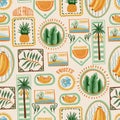 Seamless tropic fruits vector pattern with summer labels, palm trees and decorative frames Royalty Free Stock Photo