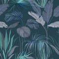 Seamless Tropical Background, Floral Wallpaper Print with Exotic Jungle Leaves, Rainforest Plants, Nature Ornament