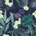 Seamless Tropical Background with Philodendron and Monstera Rainforest Plants, Floral Wallpaper Print