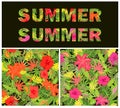 Seamless tropical colorful summery wallpapers with tropical floral pattern and summer lettering for t-shirt, fabri