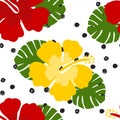 Seamless tropical floral pattern background. Hibiscus flower on black and white polka dot background, seamless pattern