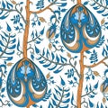 Seamless tropical floral pattern with indian motif. Stylized flowers and branches waves or stripes