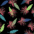 Seamless tropical floral pattern, tropical leaves and flowers.