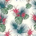 Seamless tropical flower pattern background. Protea flowers, jungle leaves, on light background. Royalty Free Stock Photo