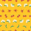 Seamless tropical flower summer vector pattern yellow. Exotic flowers background. Illustration of tropical Bird of