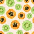 Seamless tropical fruit pattern with watercolor kiwi and papaya slices