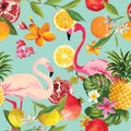 Seamless Tropical Fruits and Flamingo Pattern Royalty Free Stock Photo
