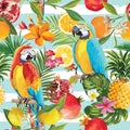 Seamless Tropical Fruits and Parrot Pattern