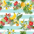 Seamless Tropical Fruits Pattern. Exotic Background with Pomegranate, Banana, Flowers and Palm Leaves for Wallpaper