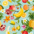 Seamless Tropical Fruits Pattern. Exotic Background with Pomegranate, Lemon, Flowers and Palm Leaves for Wallpaper