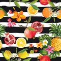 Seamless Tropical Fruits Pattern. Pomegranate, Lemon, Orange