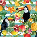 Seamless Tropical Fruits and Toucan Pattern